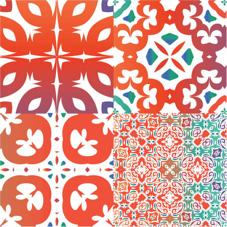 Antique talavera tiles patchworks. Collection of vector seamless patterns. Fashionable design. Red mexican ornamental  decor for bags, smartphone cases, T-shirts, linens or scrapbooking.のイラスト素材