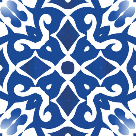 Ornamental azulejo portugal tiles decor. Vector seamless pattern poster. Creative design. Blue gorgeous flower folk print for linens, smartphone cases, scrapbooking, bags or T-shirts.のイラスト素材