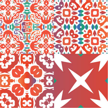 Ethnic ceramic tiles in mexican talavera. Modern design. Collection of vector seamless patterns. Red vintage ornaments for surface texture, towels, pillows, wallpaper, print, web background.のイラスト素材