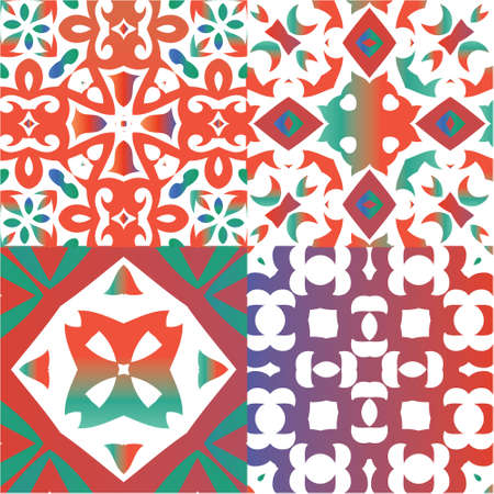Antique mexican talavera ceramic. Kitchen design. Set of vector seamless patterns. Red floral and...