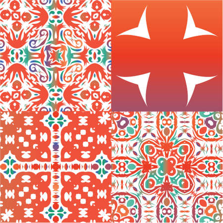 Antique talavera tiles patchworks. Original design. Kit of vector seamless patterns. Red mexican ornamental  decor for bags, smartphone cases, T-shirts, linens or scrapbooking.のイラスト素材