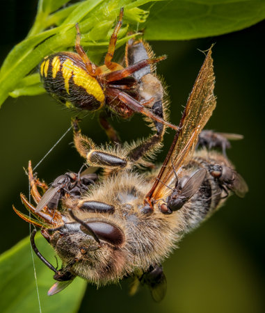 Macrophotography of a bee eaten by a spider and small flies. Extremely close-up and details.