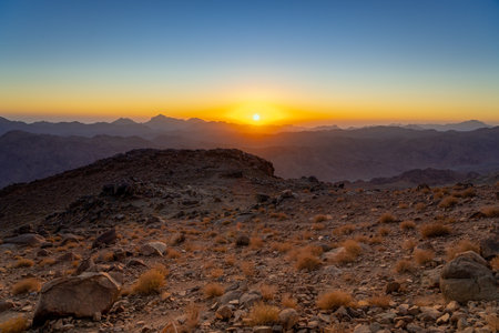 Sunrise over the desert viewed from the Sinai mountains.の写真素材
