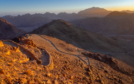 Sunrise over the desert viewed from the Sinai mountains.の写真素材
