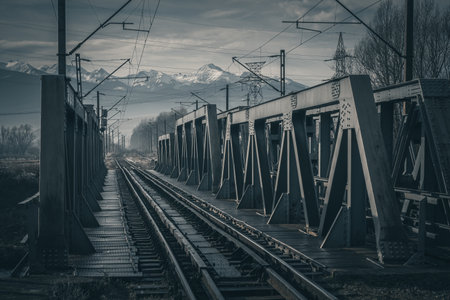 Metallic bridge on the railway to the mountains. Monochrome image.