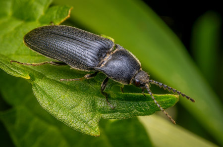 Macrophotography of a black Click Beetle (Malanotus Communis) on a green leaf in nature.の写真素材