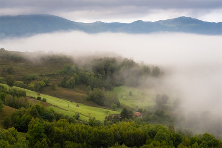 Landscape with green hills and village in foggy morning.の写真素材