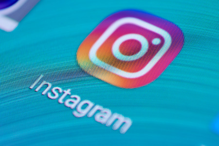 BUENOS AIRES, ARGENTINA - JANUARY 9, 2019: Instagram application icon on mobile phone touch screen (Android device). Macro shot with low depth of field.のeditorial素材