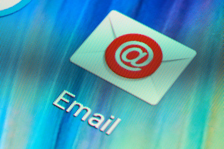 BUENOS AIRES, ARGENTINA - JULY 18, 2019: Macro shot of email mobile application icon on Android phone screen. Common emailing app.のeditorial素材