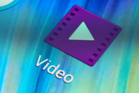 BUENOS AIRES, ARGENTINA - JULY 18, 2019: Macro shot of Video mobile application icon on Android phone screen. Common video player for mobile devices.のeditorial素材