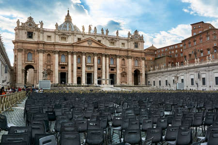 MAY 17, 2017 - ROME, ITALY: View of Saint Peter's Basilica exterior facade with sculptures and dome under blue cloudy sky on a spring day.のeditorial素材