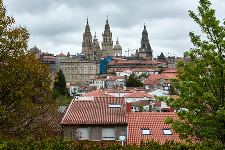 MAY 2, 2018 - GALICIA, SPAIN: View of the city and Cathedral of Santiago de Compostela (Cathedral of Saint James) from the Alameda Park. Horizontal shot.のeditorial素材