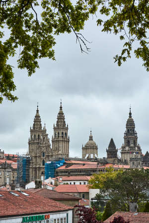 MAY 2, 2018 - GALICIA, SPAIN: View of the city and Cathedral of Santiago de Compostela (Cathedral of Saint James) from the Alameda Park. Vertical shot.のeditorial素材