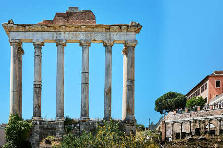 ROMAN FORUM, ROME, ITALY - MAY 17, 2017: View of the Temple of Saturn at the Roman Forum, Rome.のeditorial素材