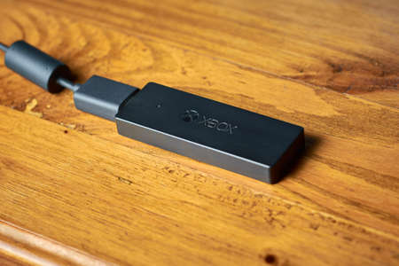APRIL 12, 2021 - BUENOS AIRES, ARGENTINA: Close up of black Xbox One game controller receiver for...