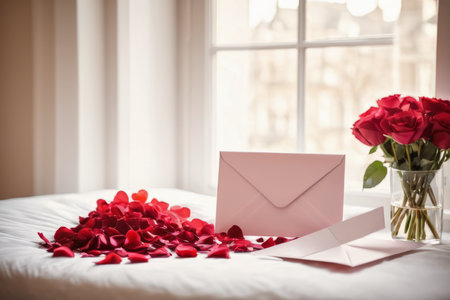 Roses, rose petals and letters in bed. Valentine's day, marriage anniversary, birthday present for couple. Background with copy space for text.の素材