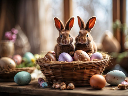 Adorable easter bunnies looking at the camera on wicker basket with easter eggs on wooden table at cozy cabin with beautiful window light. Copy space for text.の素材