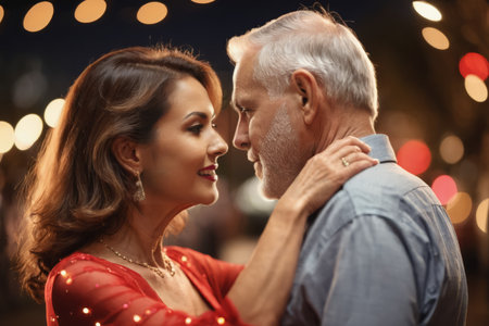Close up portrait of happy smiling old couple dancing on the street at night, beautiful bokeh lights, romantic cozy environment. Marriage, anniversary celebration, Valentine's day.の素材