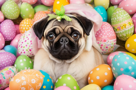 Close up portrait of adorable pug puppy looking at the camera surrounded by homemade painted easter eggs, studio shot.の素材