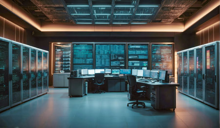 Room with computers and screens, cybersecurity background, control room, data management center.の素材