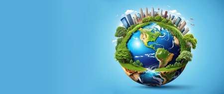 Illustration of planet Earth, cities surrounded by green trees and nature, blue sky with clouds. Eco concept, nature care and sustainability, save the planet. Wide banner with copy space.の素材