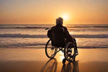 Back view of thoughtful elderly disabled man in wheelchair alone on the beach watching the ocean at sunset. Aging, wellbeing and mental health of the elderly. Backlight, silhouette, copy space.の素材
