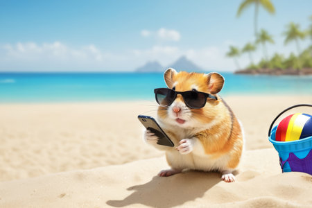 Small cute hamster using mobile phone on the beach on sunny summer day with the sea, mountains, blue sky and palms in the background, funny cute hamster, copy space for text.の素材