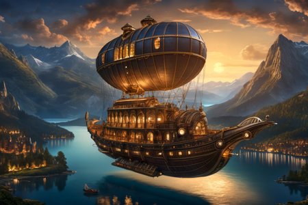 Illustration of Steampunk flying ship floating over lake in the middle of the mountains, snowy peaks and lights of picturesque villages among the trees, beautiful sunset sky at dusk.の素材
