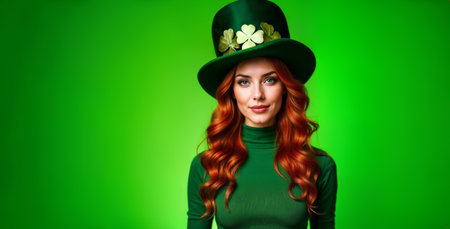 Studio portrait of cheerful redhead woman with blue-green eyes and long wavy hair wearing leprechaun hat with shamrocks and green sweater on bright green background. Saint Patrick's day celebrationの素材