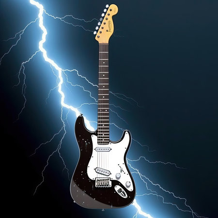 Electric guitar on a dark background with lightning and thunder. Vector illustrationの素材
