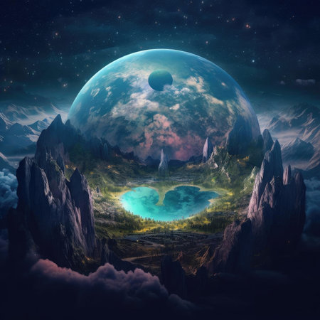 Fantasy landscape with planet and lake. 3D illustrationの素材