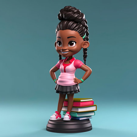 Cartoon girl with books on blue background - 3D Illustrationの素材