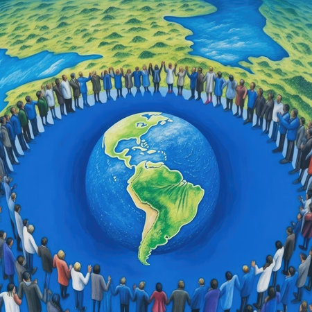 World Environment Day Concept, Group of People Standing in Circle Around Earth Globeの素材