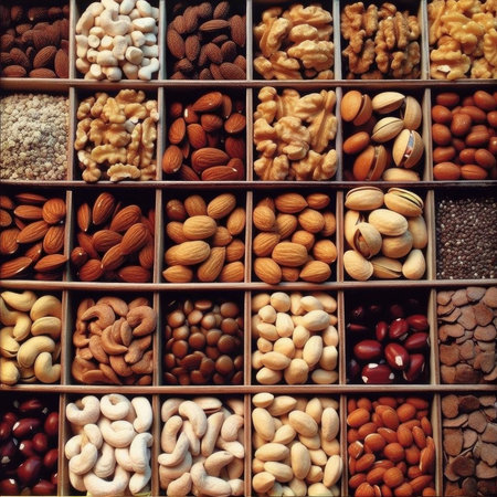 Assortment of nuts in wooden box, top view - healthy food conceptの素材