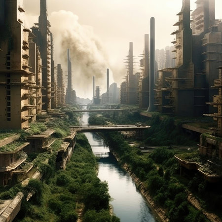 Cityscape with a river in a foggy day - 3d renderingの素材