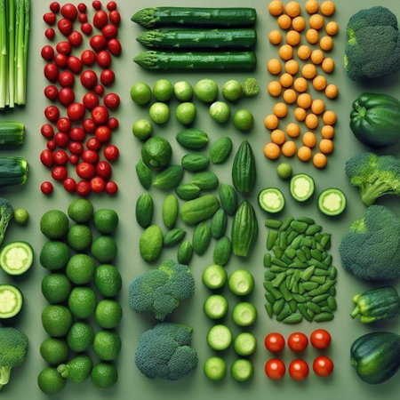 Collection of fresh vegetables on green background, flat lay, top viewの素材