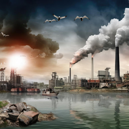 Industrial landscape with smoking chimneys and flying seagullsの素材
