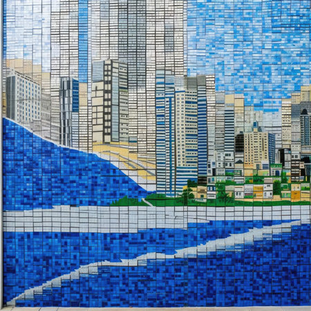 Colorful ceramic mosaic wall of a cityscapeの素材
