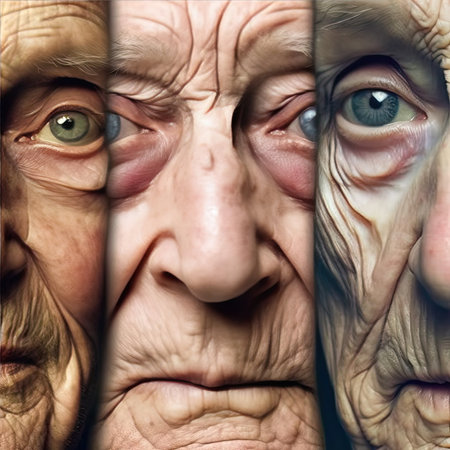 Portrait of elderly woman with wrinkles on her face - collageの素材