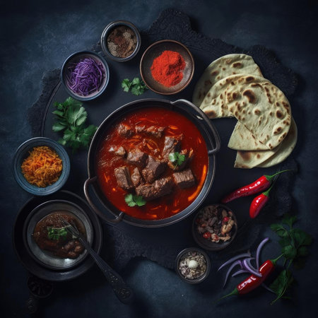Beef stew in a pot with naan bread, top viewの素材