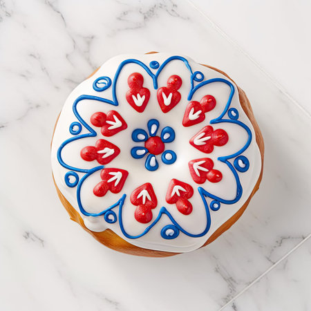 Donut with white glaze and red hearts on top on white marble backgroundの素材