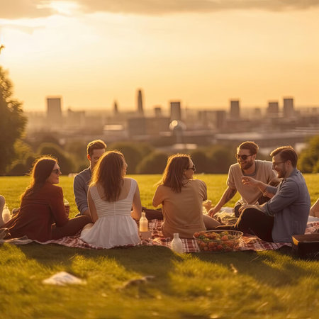 Group of friends having a picnic on the grass in the park at sunsetの素材