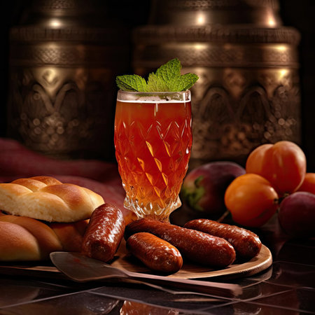 A glass of cold beer with sausages, vegetables, and breadの素材