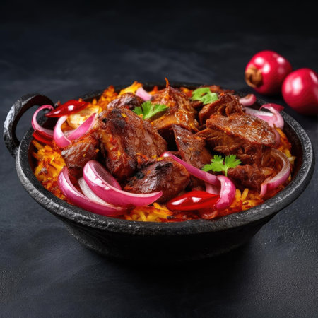 Traditional mexican beef stew with rice and red onion on black backgroundの素材