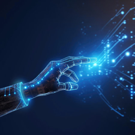 3d rendering artificial intelligence AI robot hand with circuit board on blue backgroundの素材