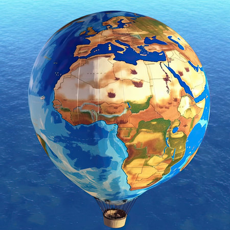Hot air balloon with map of the world over the sea - 3d renderの素材