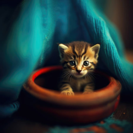Cute little kitten in a clay pot on a dark backgroundの素材