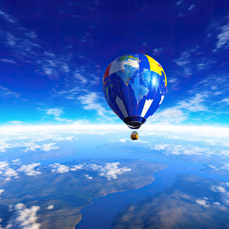 Hot air balloon over blue sky with clouds and earth globe - 3d renderの素材