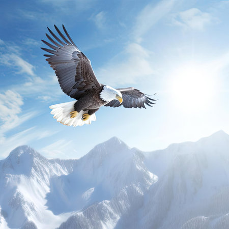 Bald Eagle flying in the blue sky - 3d illustrationの素材