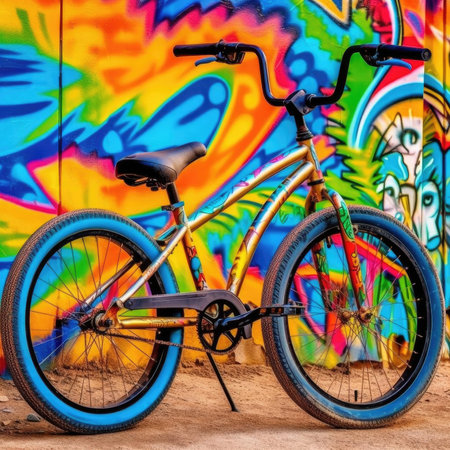 Bicycle in front of a colorful graffiti wall - street art conceptの素材